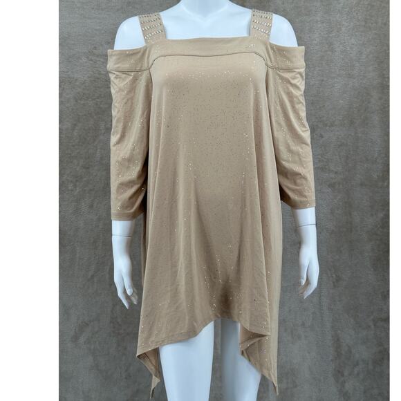 Roamans Top Womens 18 20 Tan Tunic‎ Cold Shoulder Sparkle Embellished Party NYE - Picture 1 of 11